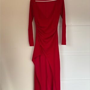 Red Long Sleeve Draped Evening Dress